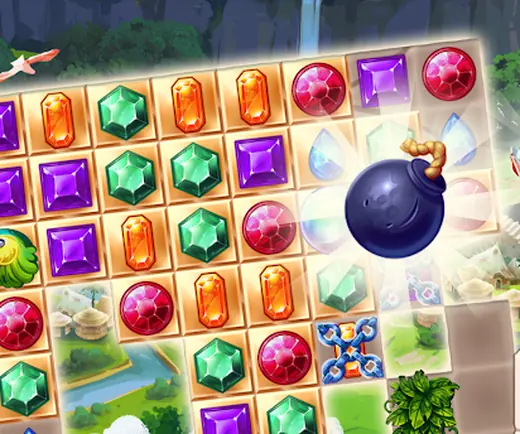 Skærmbillede fra Jewel Quest med et bræt af ædelsten og felter, der skal renses